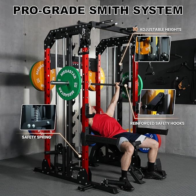 Smith Machine Home Gym with Aluminum Pulley Set- 2000lbs Capacity All-in-One Power Rack with Cable Crossover, Pull-Up Bar & Dip Station, Includes 18 Attachments, P107 Anvil