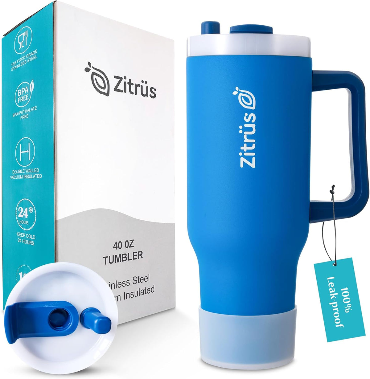 40 oz Tumbler with Handle and Straw | Leak Proof Insulated Stainless Steel Water Bottle Travel Mug Fits in Cup Holder | Keeps Cold Hot | Gifts for Women Men Him Her (Blue, 40 oz)