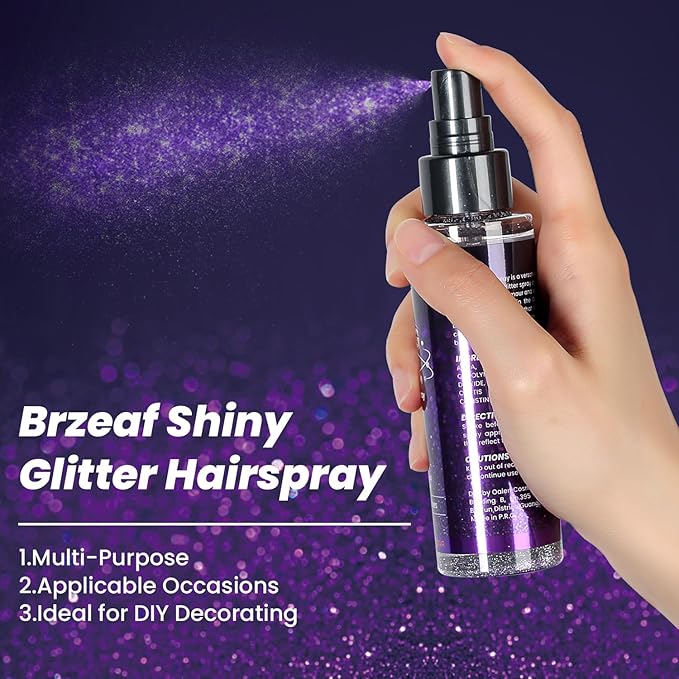 Brzeaf Glitter Spray, Glitter Spray for Hair and Body, Long-Lasting & Quick-Drying, Shiny Glitter Hairspray, Waterproof Body Glitter, for Stage Makeup and Festival Rave