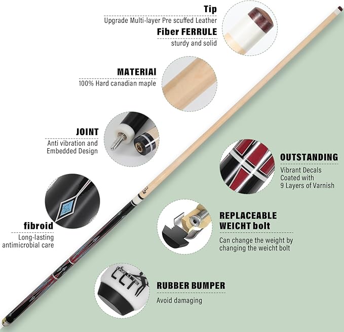 58" 2-Piece Maple Pool Cue, 18oz-21oz ??Professional Billiard Stick with Leather Case, Ideal for Home, Bar Games, and Tournaments