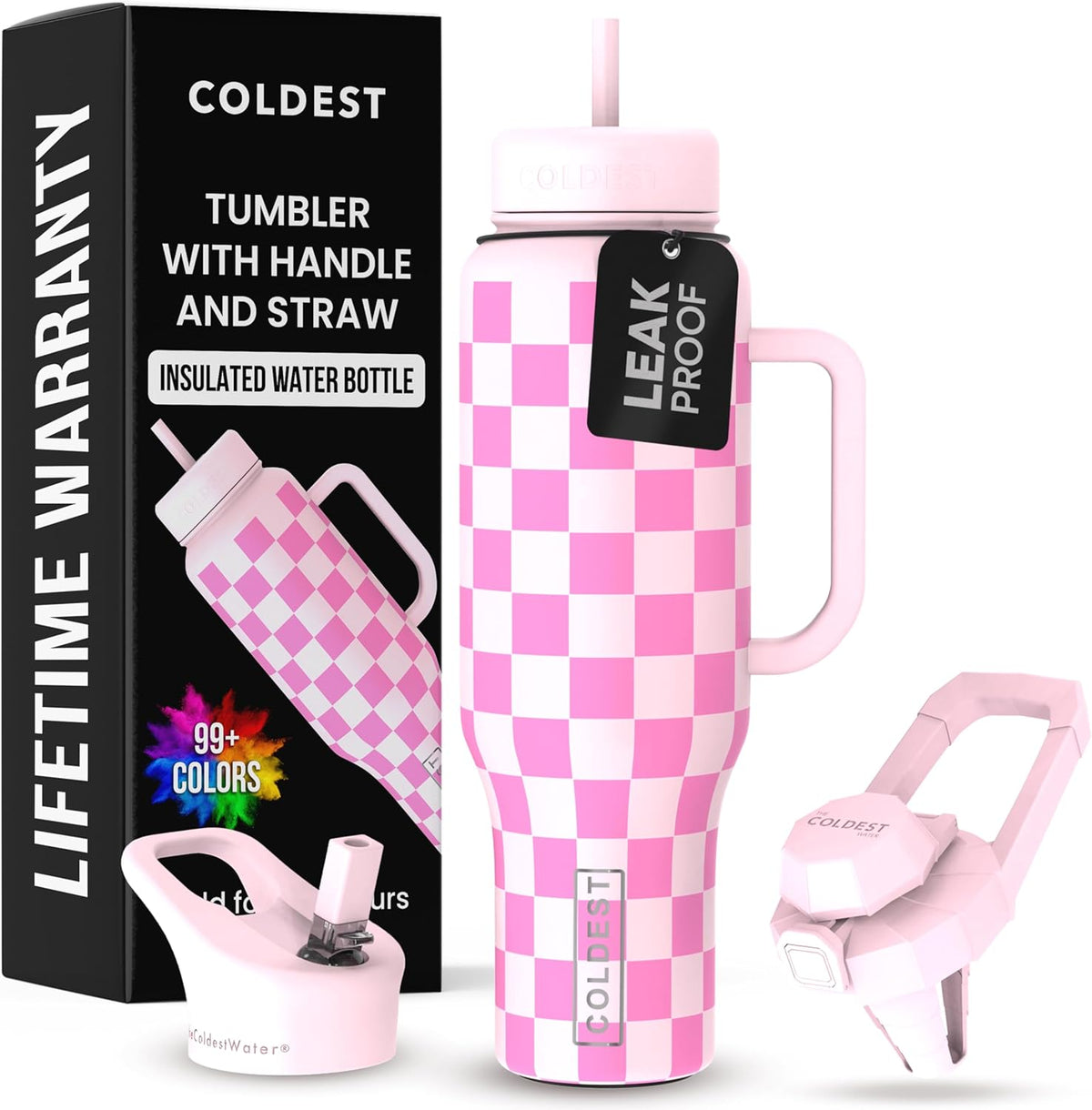 Coldest 40 oz Tumbler with Handle and Straw - 100% Leak Proof Insulated Tumbler with Lid and Straw (3 Lids) - Stainless Steel Tumblers for Women & Men - Cup Holder Friendly Base, 46 oz (Pink Checkers)