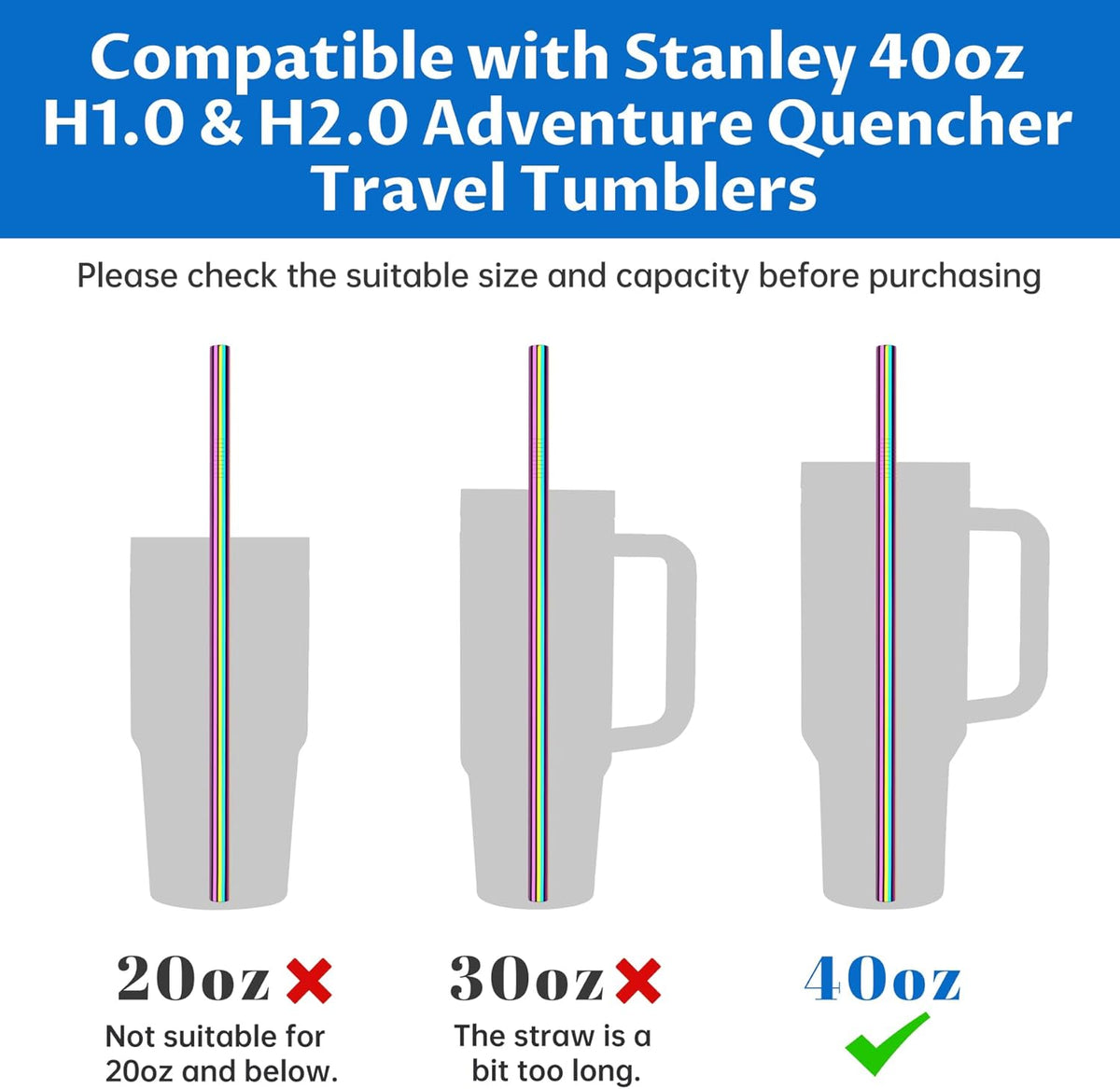 Tomorotec 40oz Straws, 14PCS Stainless Steel Replacement Straws for Stanley 40oz Adventure Quencher Travel Tumblers w/Cleaning Brushes 2PCS, Food-Grade, Dishwasher Safe for Smoothies (Metallic)