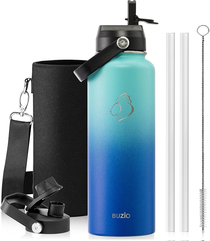 BUZIO Insulated Water Bottle with Straw, 40 oz Stainless Steel Sports Wide Mouth Water Bottle, BPA-Free Flex Cap and Straw Lid, Wide Mouth BPA-Free Sweat-Proof Sports Water Flask, Keep Hot Cold