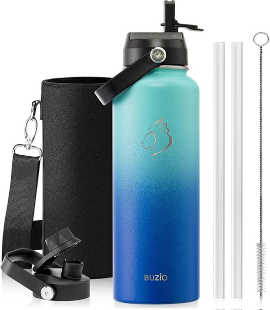 BUZIO Insulated Water Bottle with Straw, 40 oz Stainless Steel Sports Wide Mouth Water Bottle, BPA-Free Flex Cap and Straw Lid, Wide Mouth BPA-Free Sweat-Proof Sports Water Flask, Keep Hot Cold
