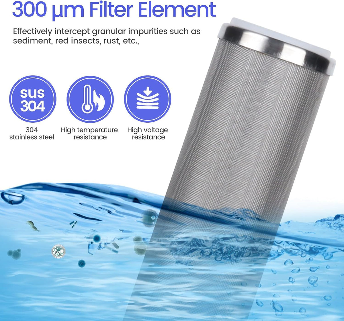 Amwater Stainless Steel Cleanable Wire Mesh Filter Cartridge 10”Length,2.5"OD(300 Micron)