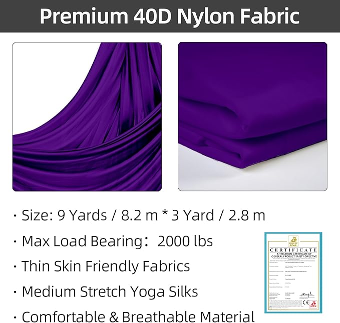 PRIOR FITNESS Aerial Silks Kit Colorful 9/15/20 Yards 40D Nylon Fabric Hammock Set With Hardware & Guide for All Levels Of Aerial Yoga Practice and Acrobatic Flying For Adults Aerial silk