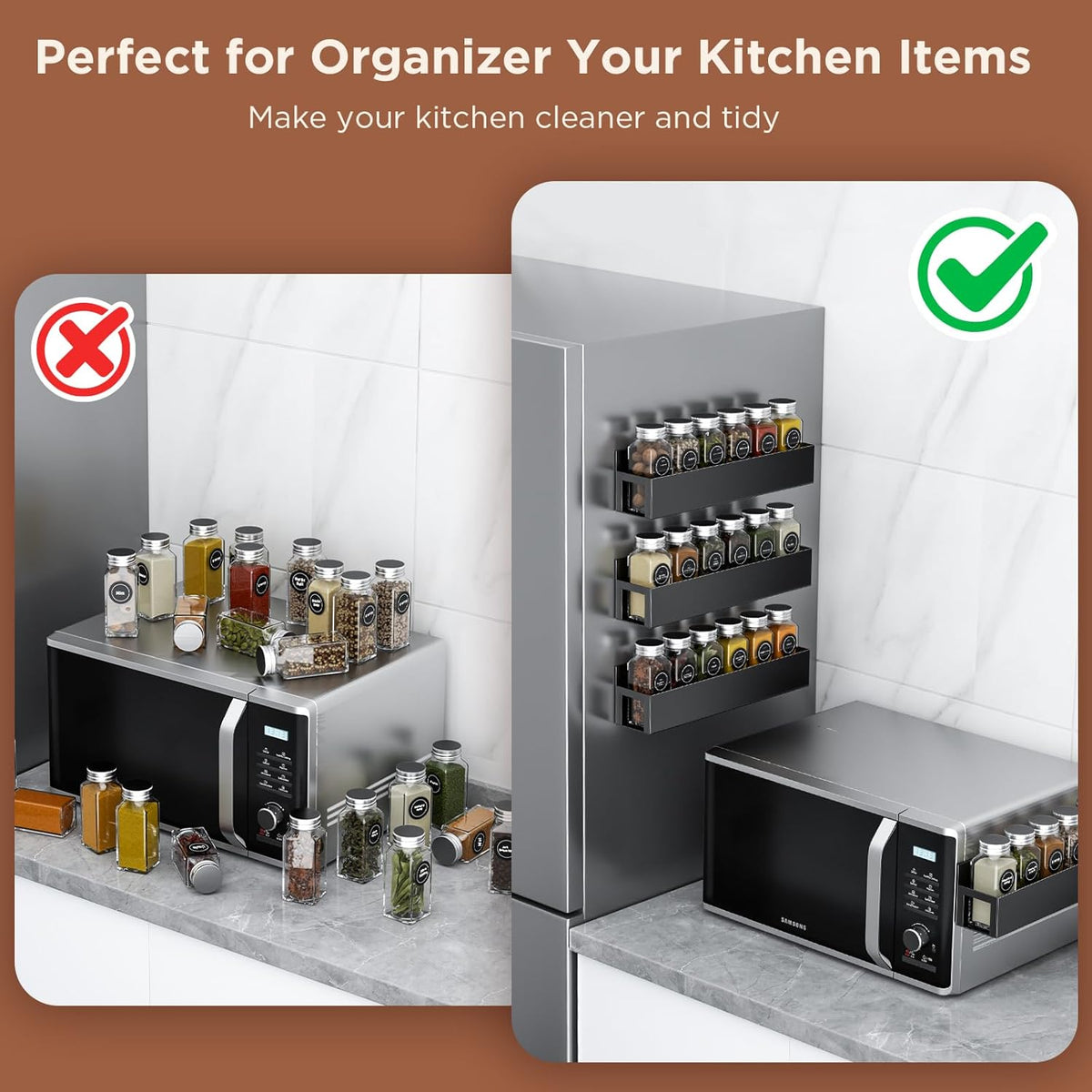 2 Pack Magnetic Spice Rack with 12 Spice Jars, Spice Labels, Magnetic Spice Organizer Shelf for Refrigerator, Microwave, Seasoning Organizer for Kitchen, Spice Jars with Label and Organizer Rack