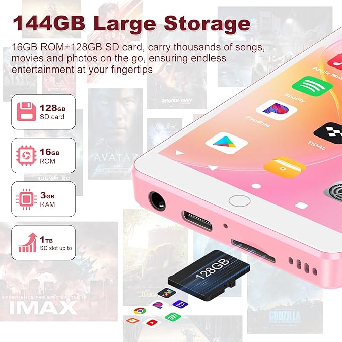 144GB MP3 Player with Bluetooth WiFi, Android 13 OS MP3 MP4 Player with 4" Touchscreen and Speaker, MP3 Music Players with Spotify, Audible, Amazon Music, Play Store (Pink)