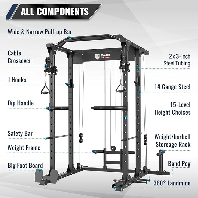 MAJOR FITNESS PLM03 Power Rack - 1400LBS Home Gym with Cable Crossover, Pull-Up Bar & Landmine, Strength Training Equipment