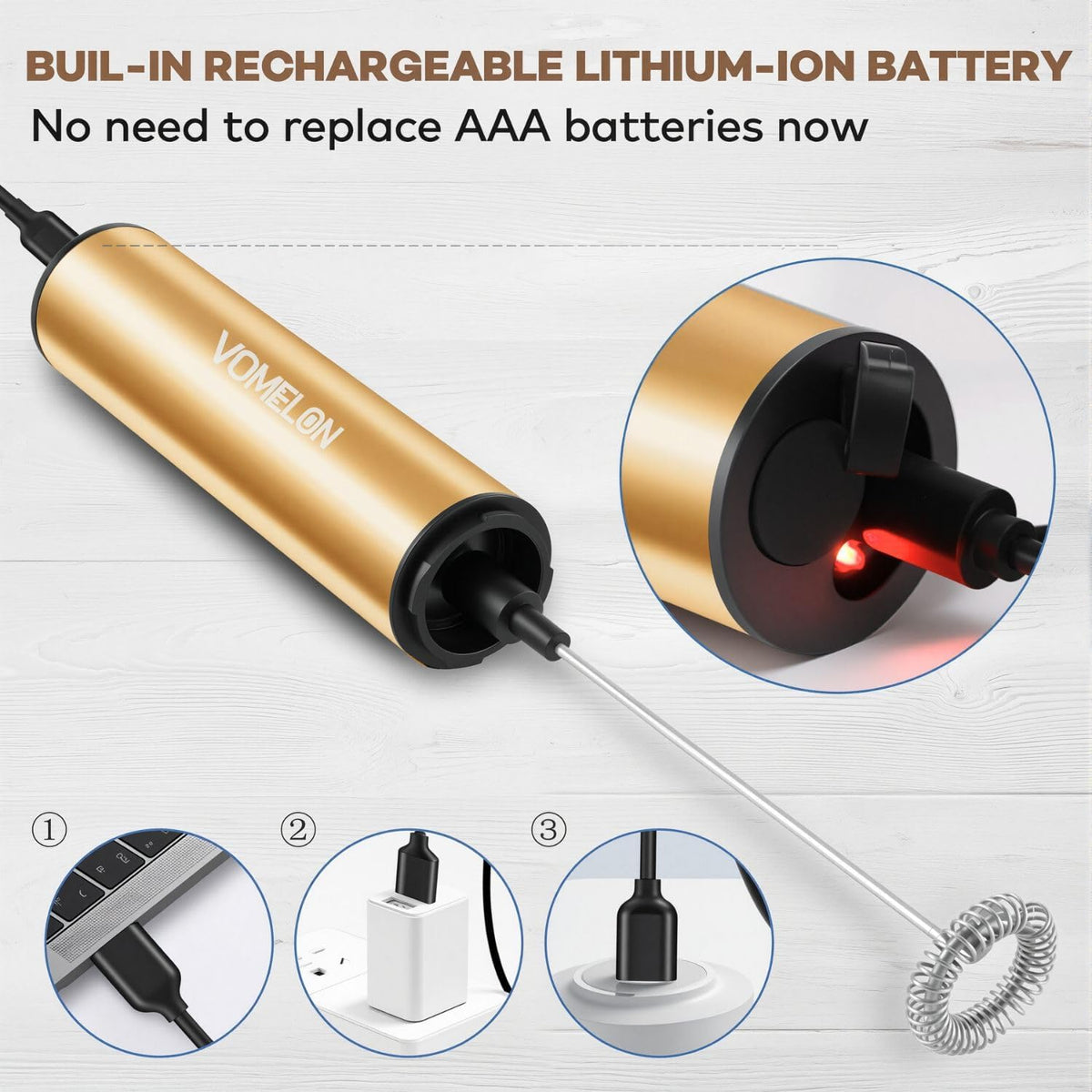Rechargeable Milk Frother Handheld Electric Frother Wand Milk Foamer Drink Mixer for Coffee, Lattes, Cappuccino, and Egg, Stainless Steel for Travel-Golden