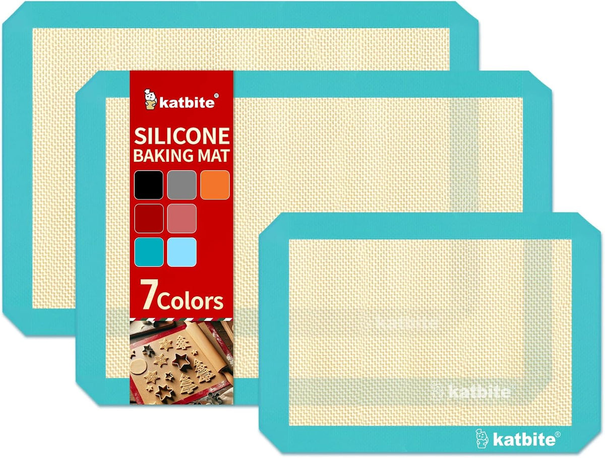Katbite Silicone Baking Mat Colorful Collection - Set of 3: 2 Half Sheets Mats (11 5/8" x 16 1/2") + 1 Quarter Baking Sheet, Reusable & Nonstick Bakeware Mats for Cookies, Macarons, Bread (Dark Blue)