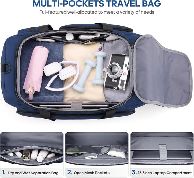 Gym Bag for Men and Women with Shoe & Laptop Compartment, 3-in-1 Sports Travel Duffel Bag Anti-Theft Weekender Carry-On Backpack for Airplane & Workout, Overnight Travel Bag,35L (Blue, Medium)