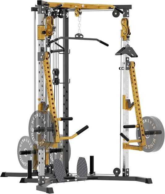 Power Rack with Dual Pulley System, Cable Crossover, LAT Pulldown, Bench Press & Squat Rack, Full Body Strength Training Cage for Home Gym