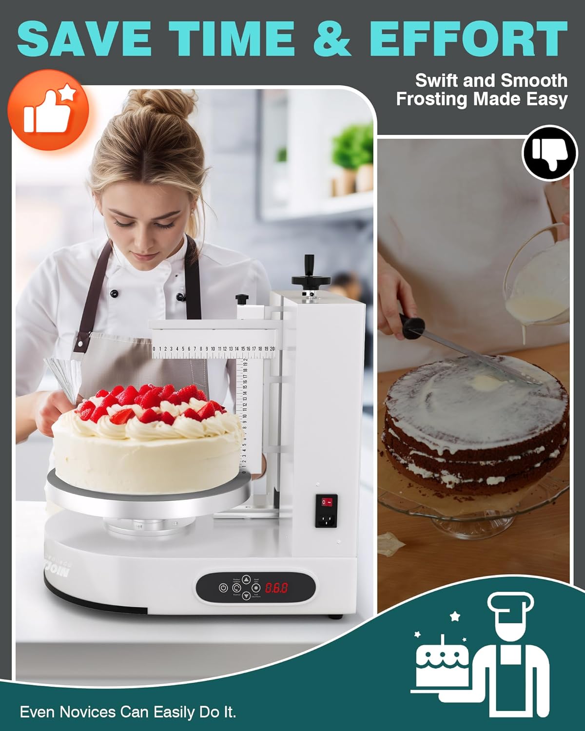 WantJoin Automatic Cake Decorating Machine, 4–12" Cake Icing & Frosting Machine, 60–320 RPM Adjustable Speed, Stainless Steel Cream Spreader with Turntable & Scraper, Commercial Bakery Equipment