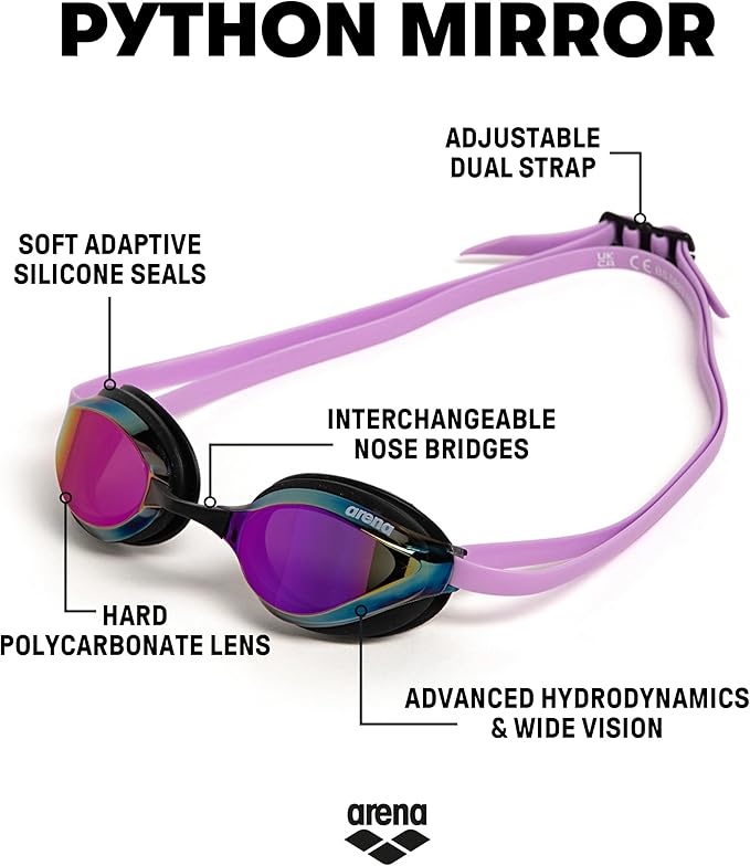 ARENA Unisex Python Racing Swim Goggles for Men and Women Anti-Fog No Leak Max Comfort Dual Strap, Mirror/Non-Mirror Lens