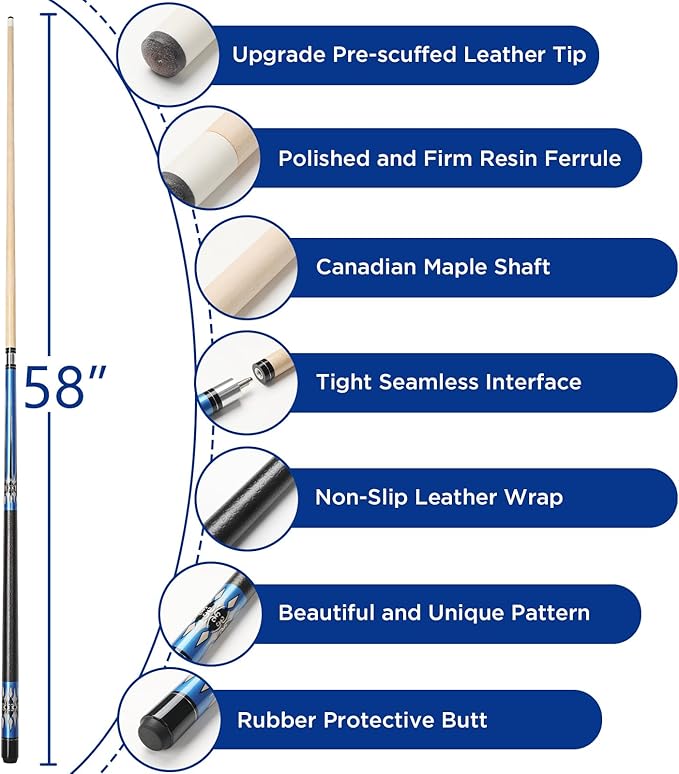 Billiard Cues Stick, 58" Pool Cues Canadian Maple Wood Leather Pattern Grip 18 19 20 21 oz Pool Cue Stick for Bar House Pool Table Sports