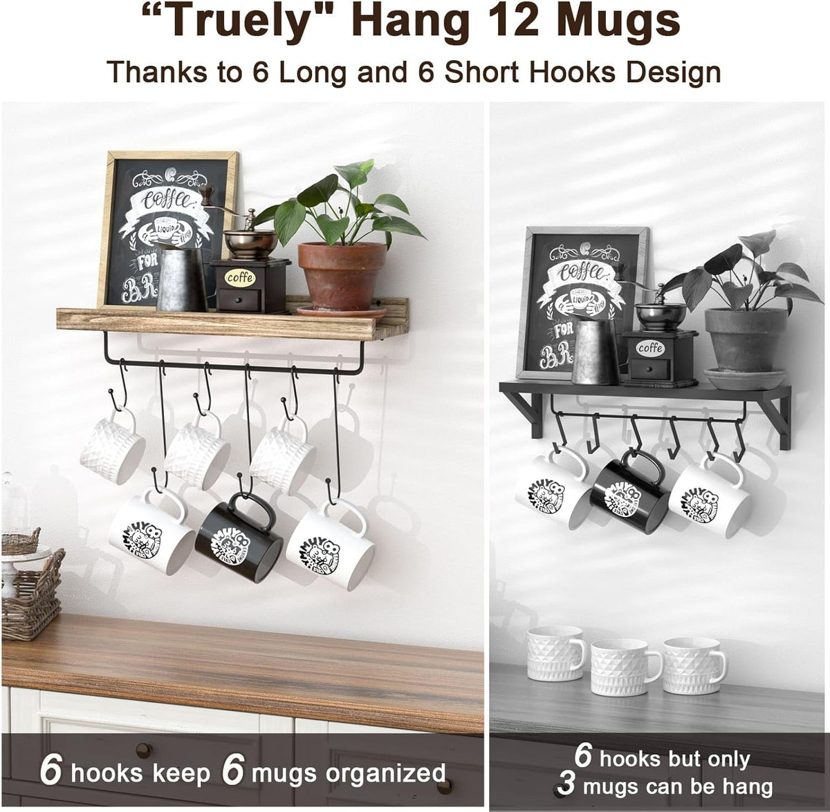 Floating Mug Racks 2 Pack - Wall Mounted Coffee Cup Holder with 12 Hooks, Mug Organizer for Kitchen, Farmhouse Coffee Bar Decor