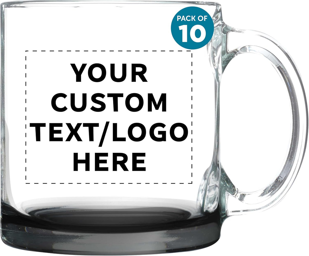 Custom Libbey Clear Glass Coffee Mugs 13 oz. Set of 10, Personalized Bulk Pack - Perfect for Coffee, Tea, Espresso, Hot Cocoa, Other Beverages - Black Bottom