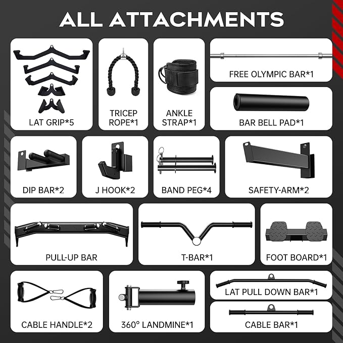 Pooboo Multi-Functional Machine Power Cage, 2000LB Squat Rack, LAT-Pull Down System, Dual Pulley Cable Crossover System, Home Gym Workout Machine with Strength Training Attachments