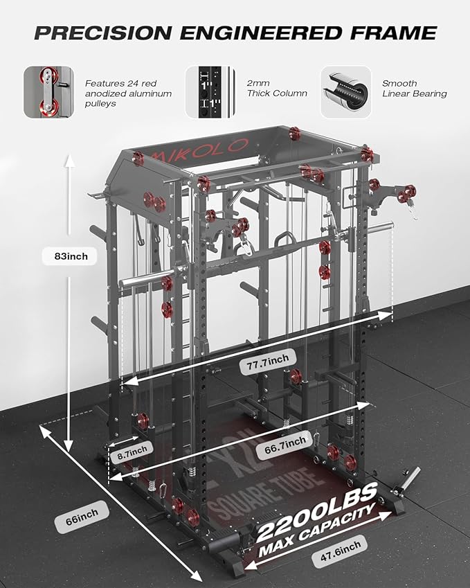 Mikolo Smith Machine, Multi-Function Power Cage with Dual Pulley System, Vertical Leg Press Attachment, Squat Rack Power Rack with More Training Attachment for Home Gym