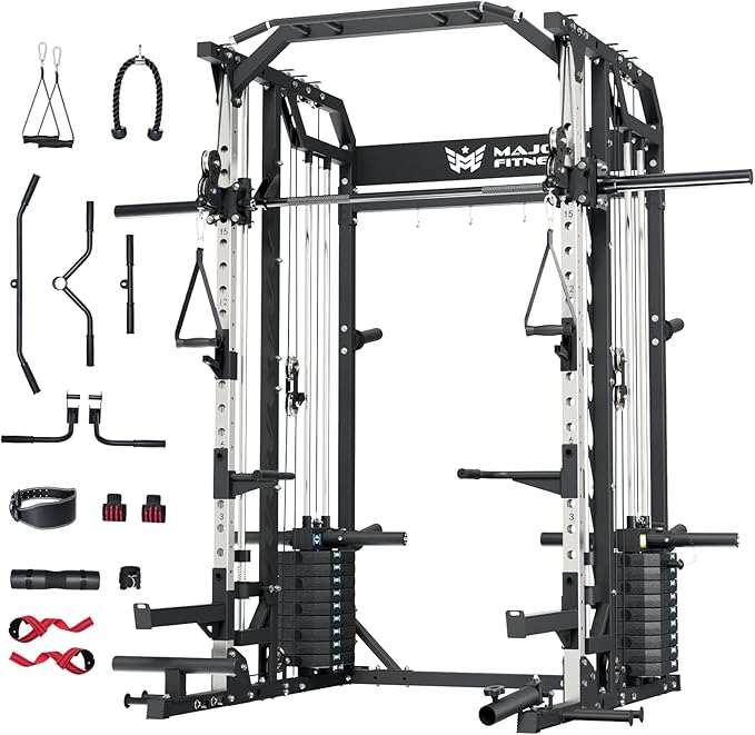 Major Fitness Drone2 Advanced Training Smith Machines– All-in-One Home Gym Squat Rack with Aluminum Pulley Set , Weight Bar, Dual LAT Pull-Down Systems & Cable Crossover Machine for Full-Body Workouts