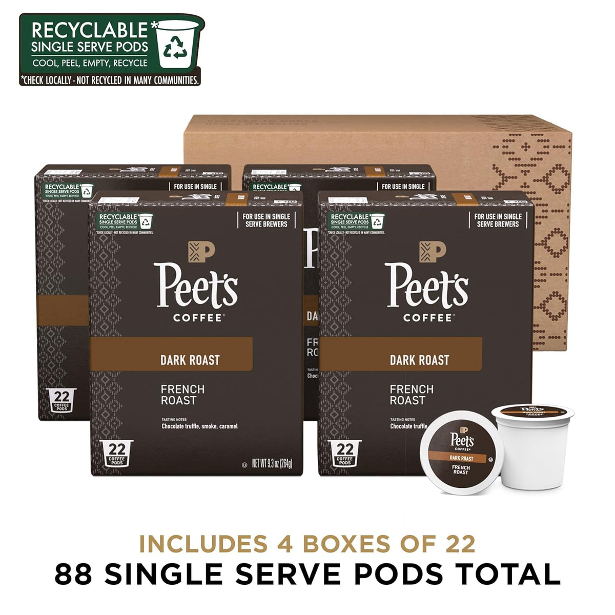 Peet's Coffee, Dark Roast Single Serve Coffee Pods - French Roast 88 Count (4 Boxes of 22 Pods)