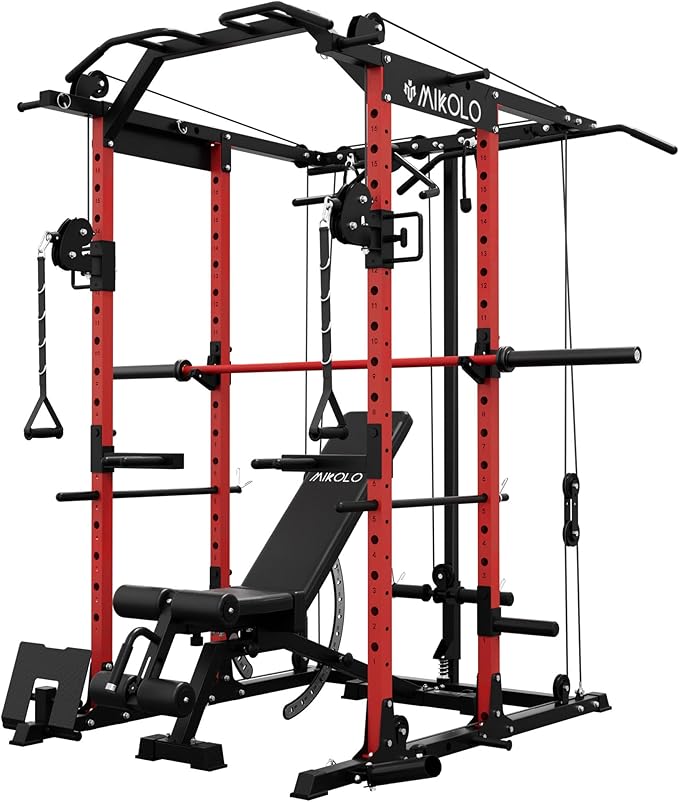 Mikolo Power Cage, Power Rack with Cable Crossover System, 1500LBS Squat Rack with LAT Pull Down System, Workout Cage with Pulley System for Fitness Home Gym