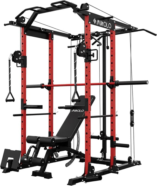 Mikolo Power Cage, Power Rack with Cable Crossover System, 1500LBS Squat Rack with LAT Pull Down System, Workout Cage with Pulley System for Fitness Home Gym
