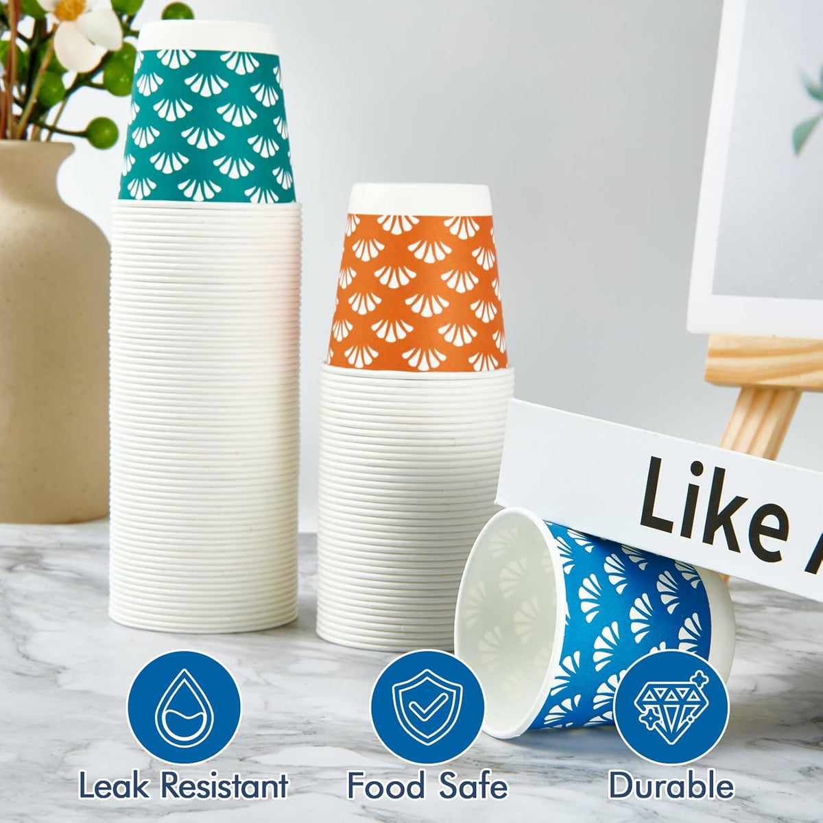 JollyPack 600 Pack 3 oz Disposable Bathroom Paper Cups, Small Mouthwash Cups in Orange, Blue, and Green, Great for Candy, Biscuits, Bathroom Use, Parties, Picnics, and Travel
