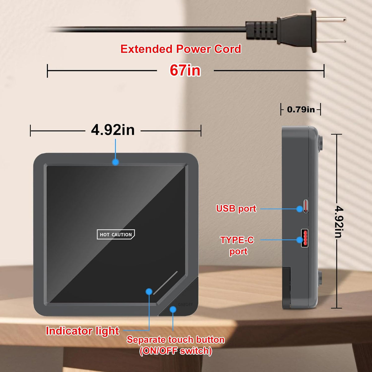 Coffee Mug Warmer with 2 USB Charging Ports: Auto Shut-Off Candle Wax Warmer - Heated Beverage Coffee Accessories for Home Office Desk - U1 Black