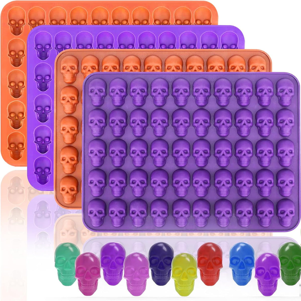 Mini Skull Molds Silicone Halloween for Candy Gummy Chocolate, 200 Cavity 4 pcs Small Head Shapes Freezing Tray Party Wax Melts DIY Moulds BPA Free Treat or Trick Kids Oven Safe