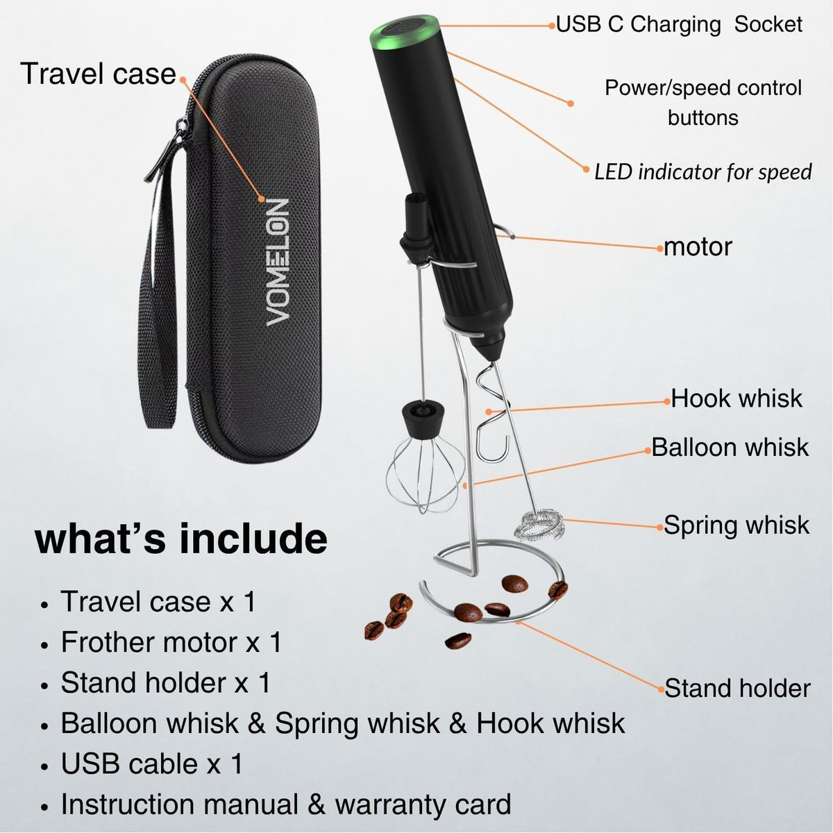 Milk Frother Handheld,3-Speed Rechargeable Coffee Foamer Drink Whisk with 3 Stainless Steel Heads Electric USB C Whisk for Coffee, Latte, Cappuccino, Hot Chocolate, Protein,Egg light Black
