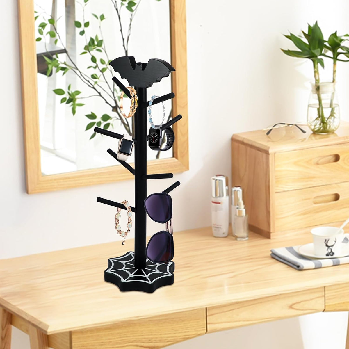 Bat Mug Holder Tree - 8 Hooks Coffee Mug Rack - Gothic Home Decor Wood Coffee Mug Tree for Countertop - Coffee Cup Holder for Halloween Kitchen Organizer & Coffee Bar Accessories (Spider Web)