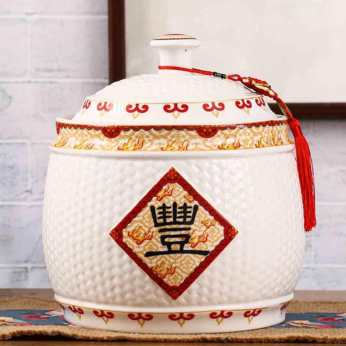 Chinese Sealed Large-Capacity Rice Pot, Ceramic Rice Bucket With Tassel Design, Grain Storage Ceramic Container, Rice Dispenser Airtight Storage Bucket For Grains Snacks Candy Coffee Beans Food(D,Capa