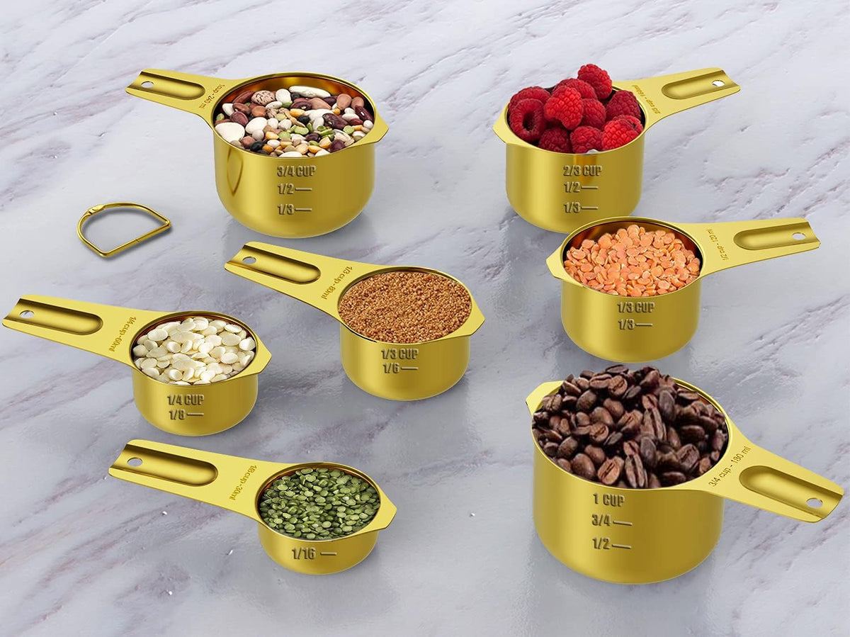 Wildone Gold Measuring Cups & Spoons Set of 21 - Includes 7 Stainless Steel Nesting Measuring Cups, 8 Measuring Spoons, 1 Leveler & 6 Mini Measuring Spoons, Ideal for Dry & Liquid Ingredients