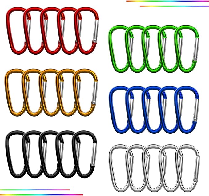 30PCS Aluminum Carabiner Clips, 2" D Shape Spring Snap Hooks Carabiner with 30PCS Keyring Keychain Hook