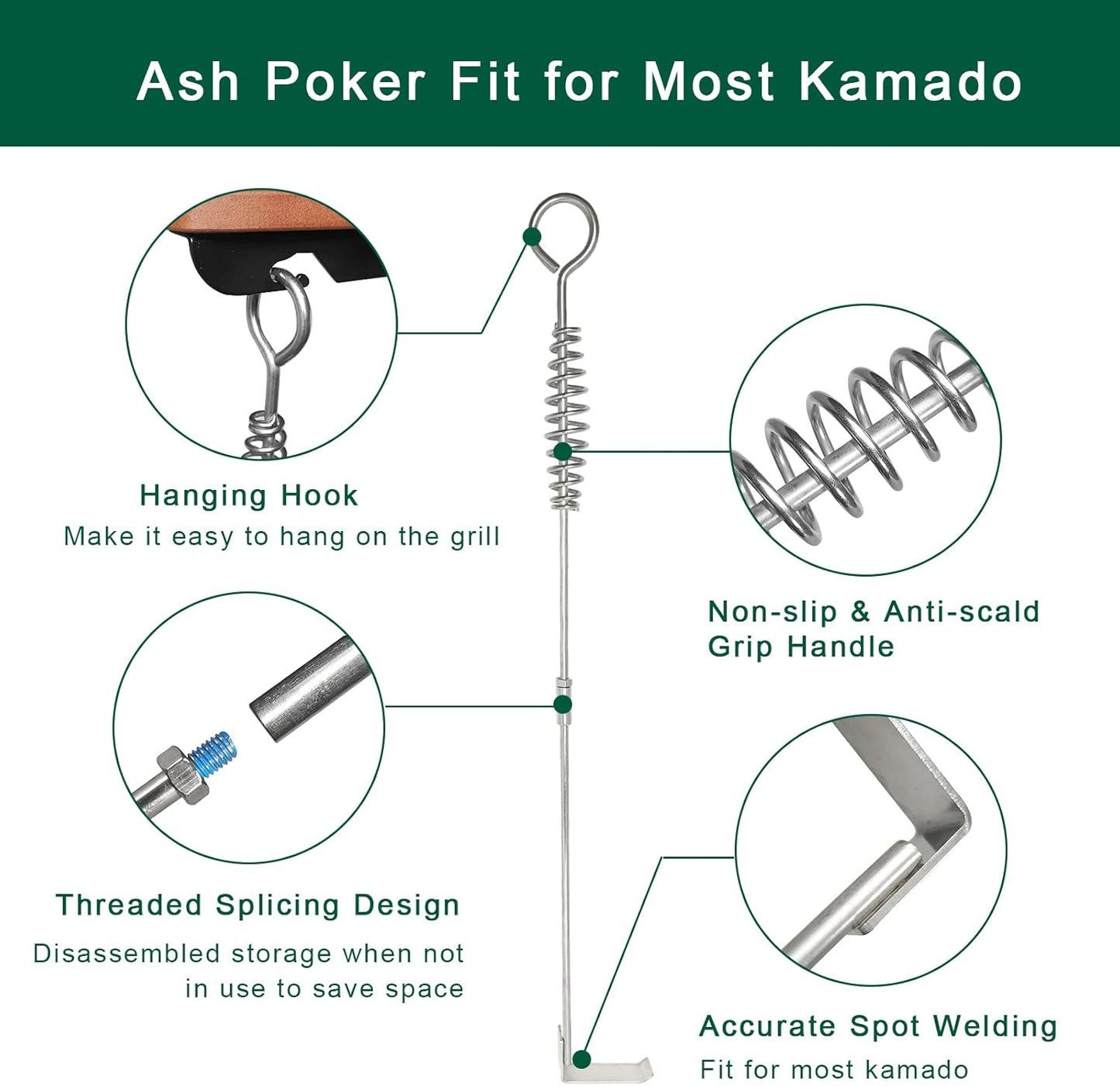 18” BBQ Ash Removal Tool and Ash Pan for Big Green Egg Accessories, Stainless Steel Ash Tool Poker for BGE Primo and Other Charcoal Kamado Stove(at+AP)