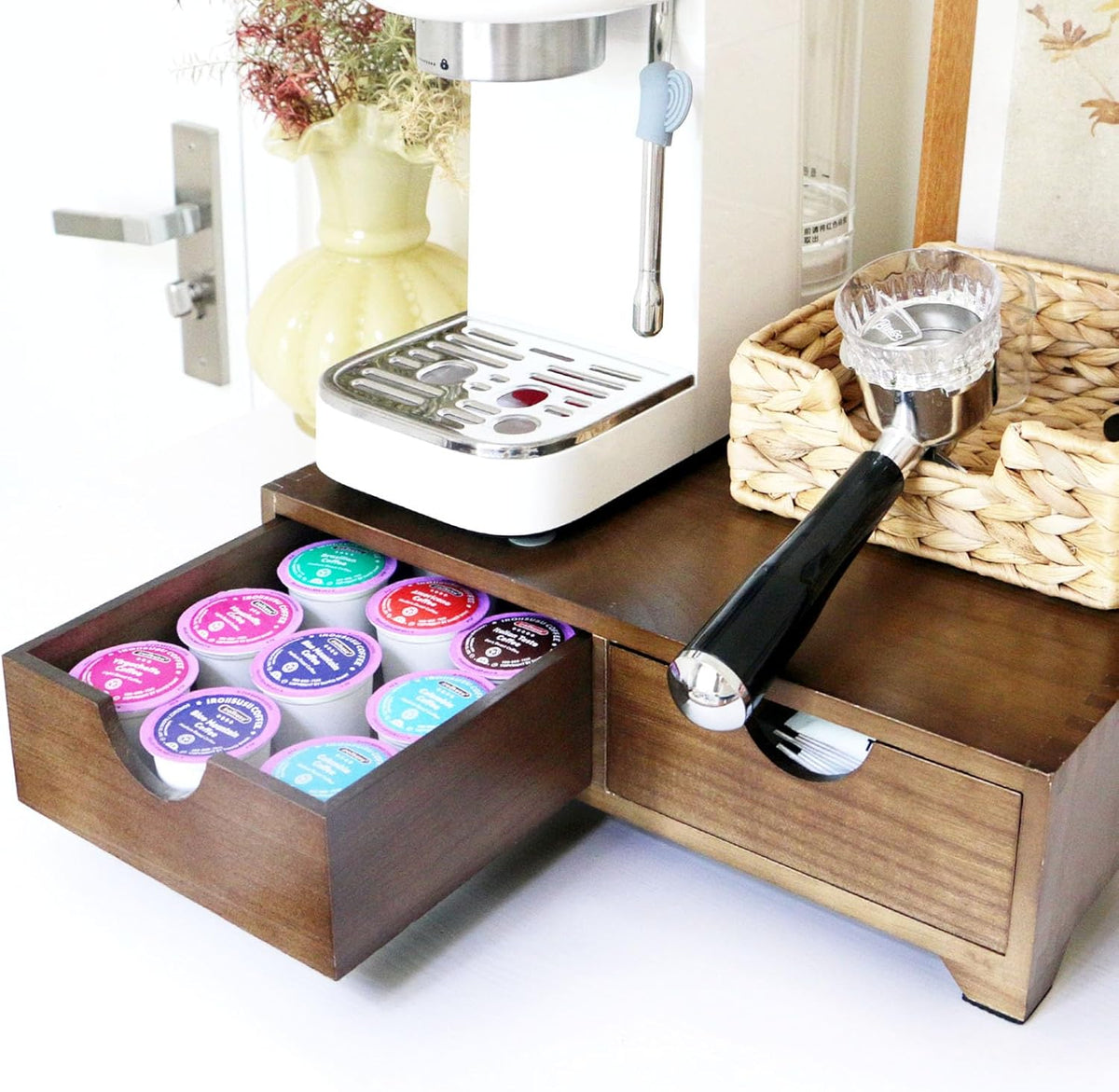 Wooden Coffee Pod Organizer with 4 Anti-Slip Feet, Elevated Coffee Pod Storage Box, Tea & Coffee Capsule Holder, 30 Pod Capacity with Drawer for Moisture Protection