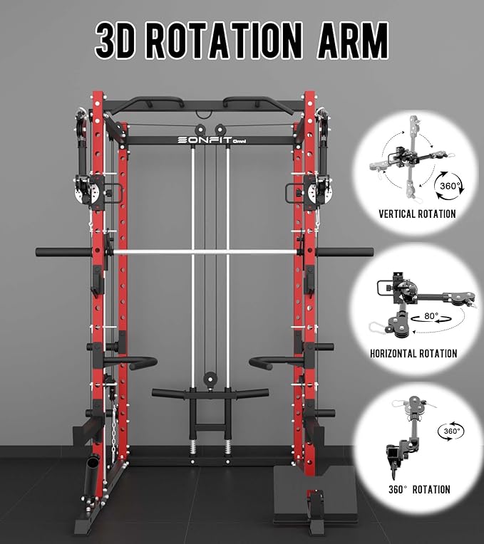 Eonfit E3 Smith Machine with 360°Rotating Arm for Home Gym Equipment, Multi-Function Power Cage Squat Rack with Cable Crossover LAT Pulldown Pulley System All in One