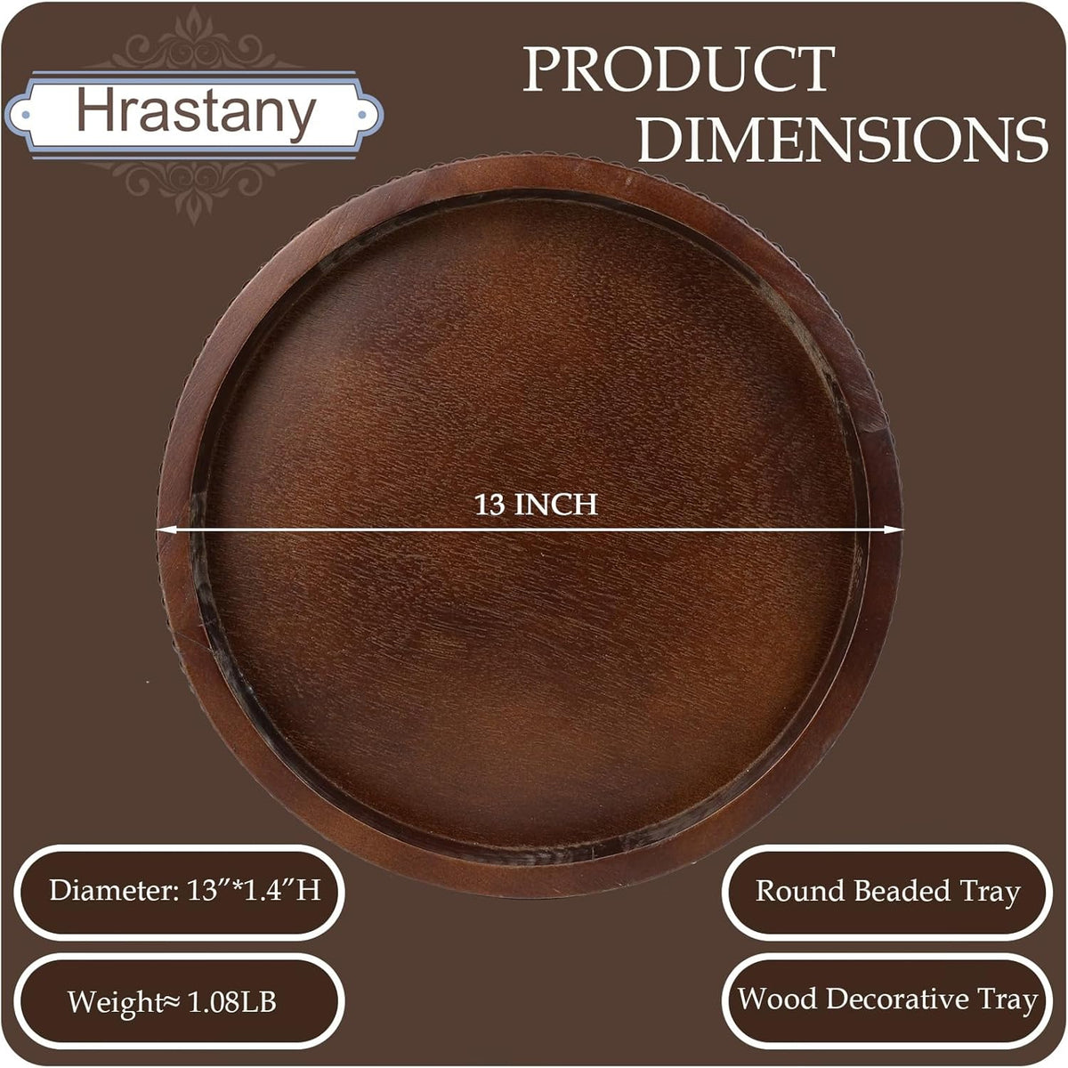 Wood Decorative Serving Tray with Bead, Round Vintage Wooden Ottoman Tray for Home Centerpiece, Counter Organizer, 13” Circle Tray for Kitchen, Living Room (Dark Brown)