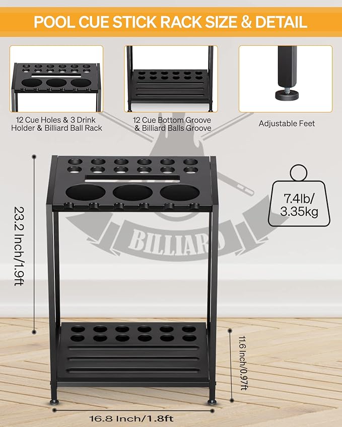 Billiards Pool Stick Holder - Pool Cue Rack Floor Stand & Ping Pong Paddle Holder Hardwood Pool Cue Holder for 12 Cues Sticks Pool Table Accessories Organizer (Black)