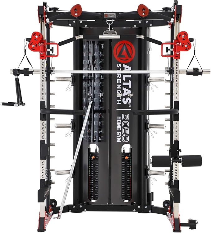 Altas Strength Smith Machine 3058G Home Gym 1000 lbs Weight Capacity 2000 lbs Cables Strength Training Power Cages Squats Presses Pulling Lunges Deadlifts Easy Assembly Included Accessories
