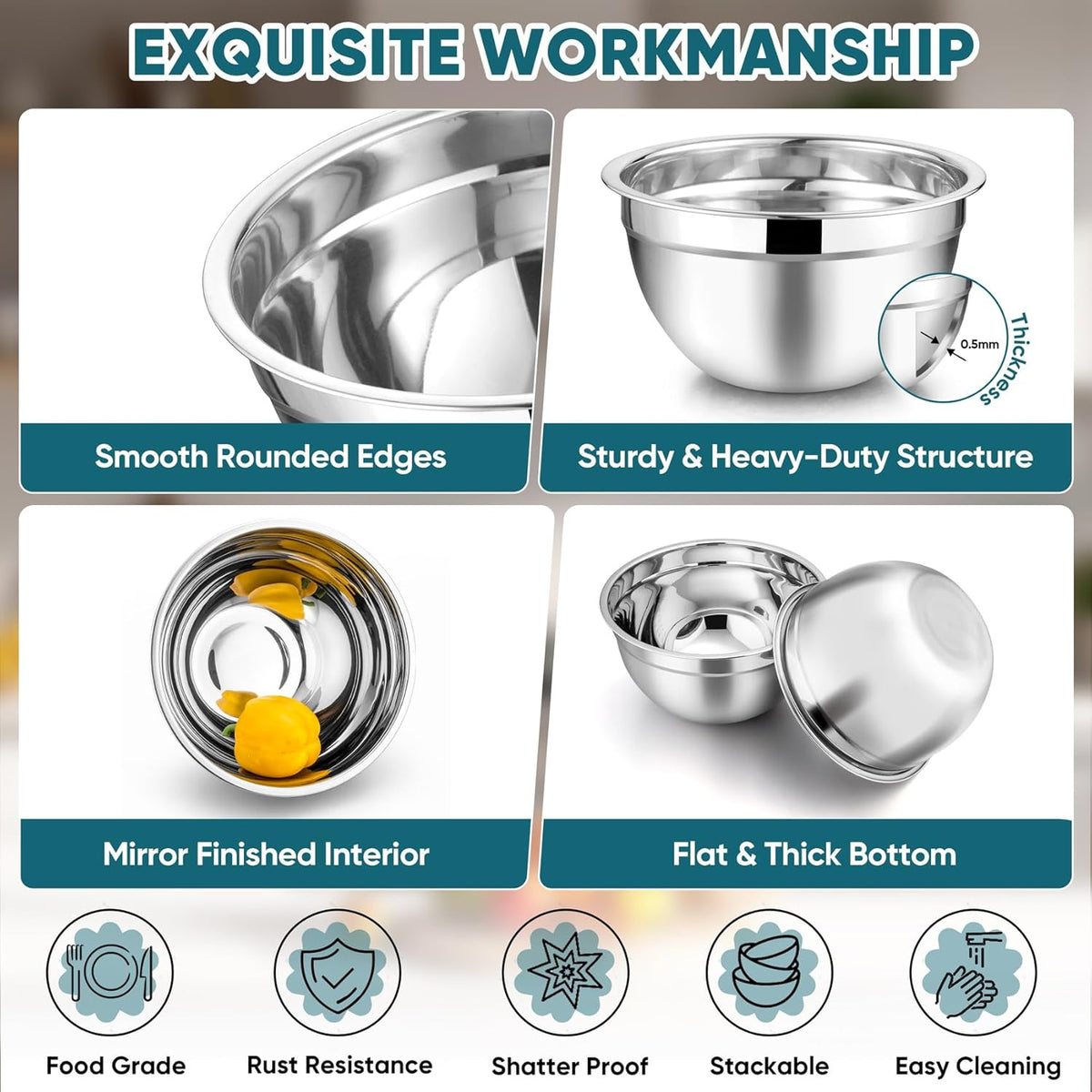 TeamFar Mixing Bowl Set of 5, Stainless Steel 4.5/3/1.5/1/0.7 QT Metal Nesting Salad Bowls with Lids, Ideal for Mixing Serving Tossing, Non-Toxic & Sturdy, Airtight Lid & Easy Clean, Blue