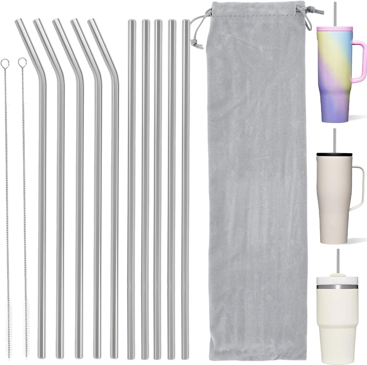 10 Pcs Stainless Steel Straw, Long Metal Straws for 40 Oz Tumbler Comes with Two Cleaning Brushes and A Bag, Reusable Drinking Accessories, Easy to Clean
