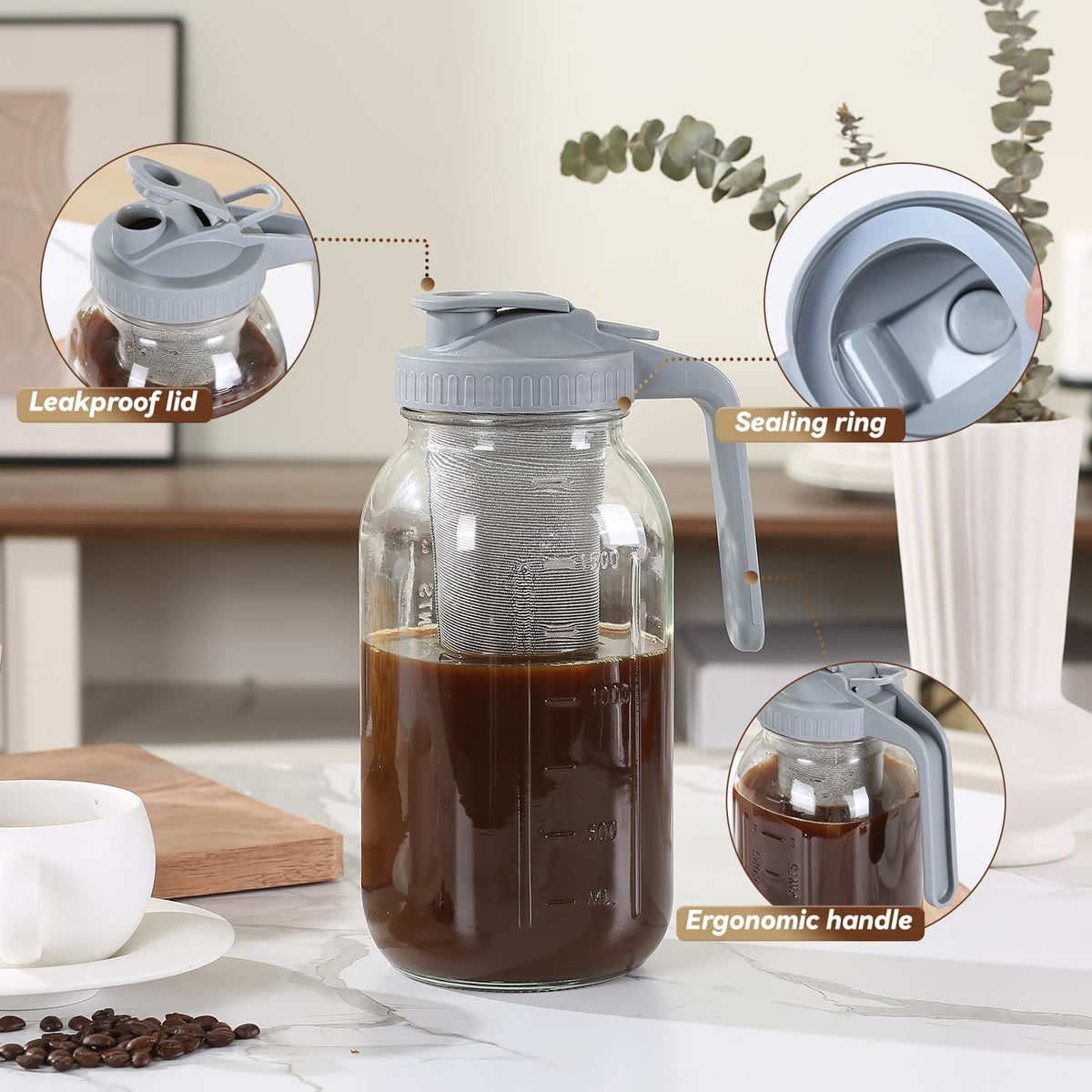 Cold Brew Coffee Maker Pitcher 64-ounce Glass Wide Mouth Mason Jar with Stainless Steel Filter and Pour Spout Handle Lid (Grey, 64Ounce)