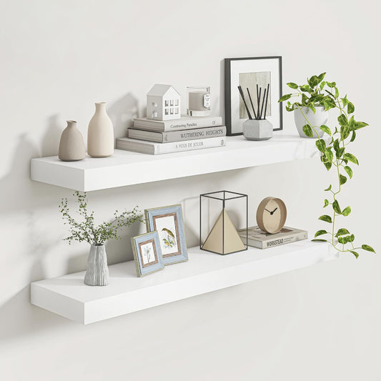 9.3 Inch Deep Floating Shelves, White Solid Wood Floating Shelf Wall Mounted, 36 x 9 Large Display & Storage Shelves for Books, Living Room, Bathroom, Rustic Wooden Wall Shelves, Heavy-Duty, Set of 2