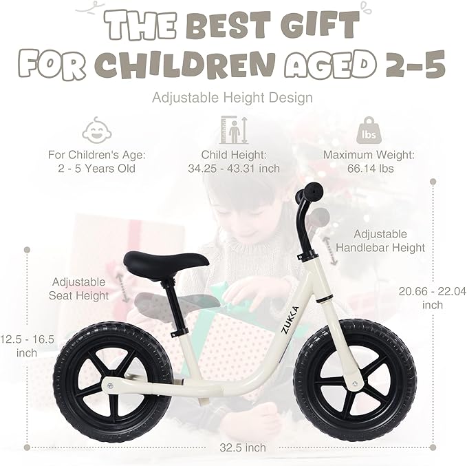 12 inch Toddler Balance Bike Adjustable Handlebar & Seat Anti-Slip Grip Suitable for 2-5 Years Old with Footrest Lightweight for Tolddlers Boys Girls Multiple Colors to Choose