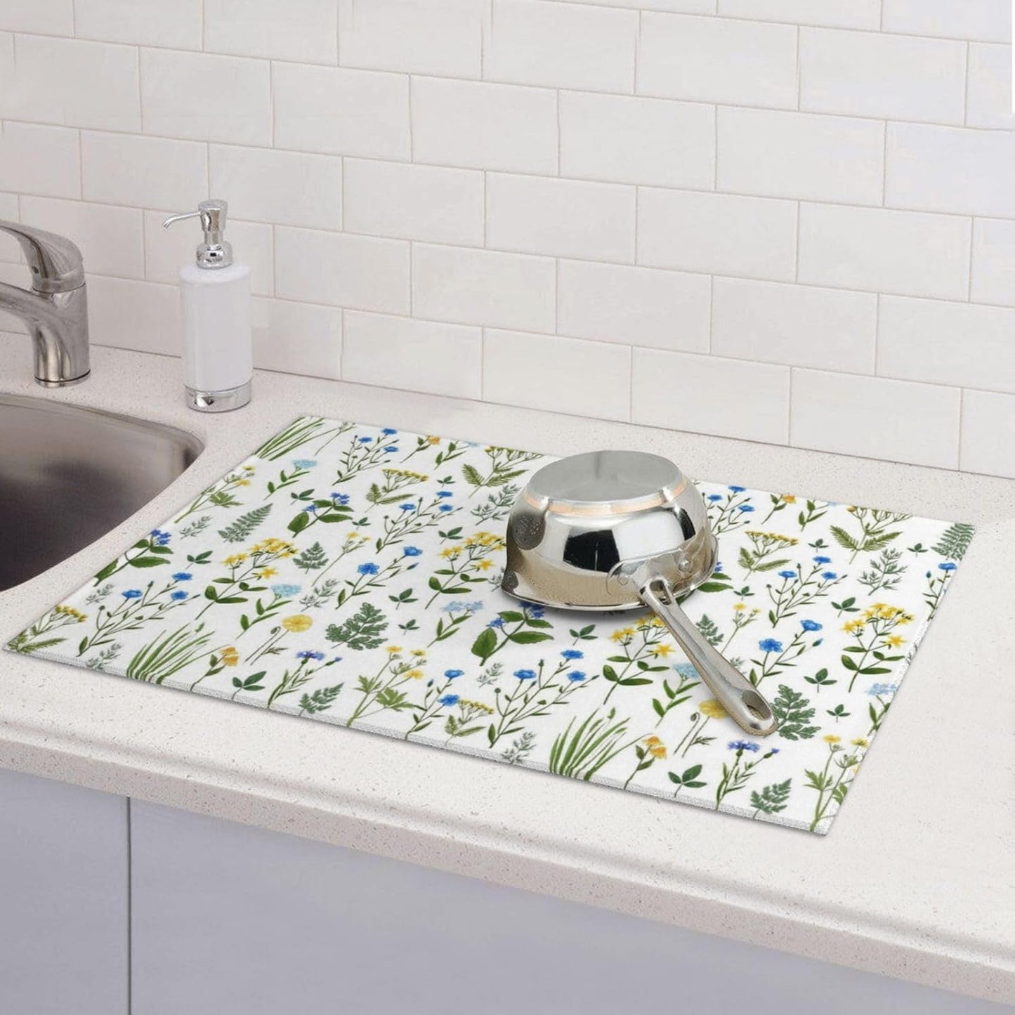 Blue Yellow Wildflower Dish Drying Mats for Kitchen Counter, Vintage Botanic Fern Leaves Floral Kitchen Drainer Pad, 18" x 24" Absorbent Microfiber Washable Reusable Dish Draining Mats, Home Decor