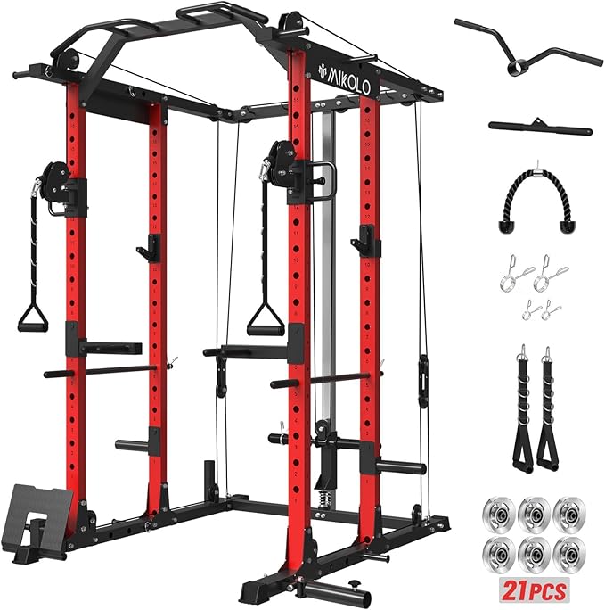Mikolo Power Cage, Power Rack with Cable Crossover System, 1500LBS Squat Rack with LAT Pull Down System, Workout Cage with Pulley System for Fitness Home Gym
