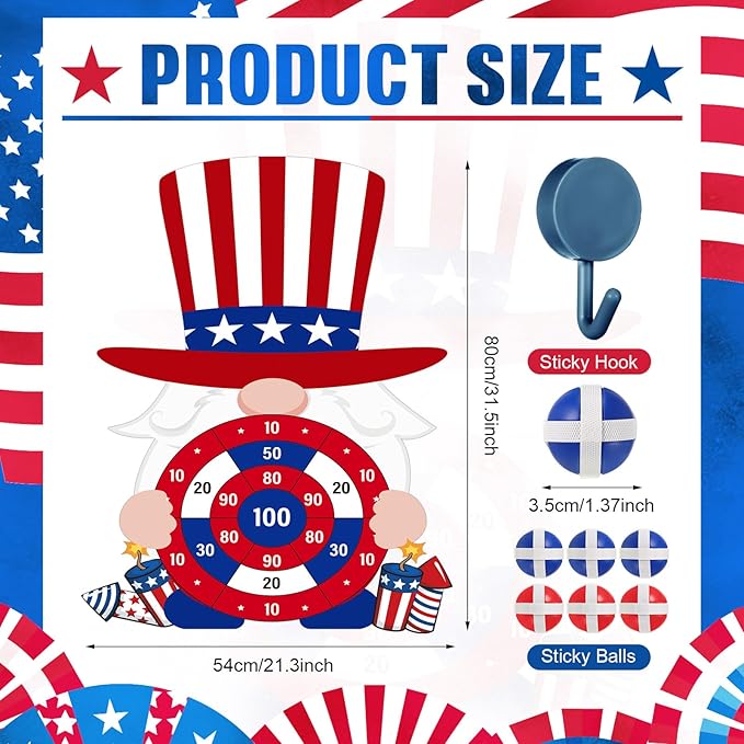 4th of July Games Set Patriotic Dart Board Games with 6 Sticky Balls Independence American Day Party Favor for Red White and Blue Party Throwing Indoor Outdoor Yard(Top Hat)